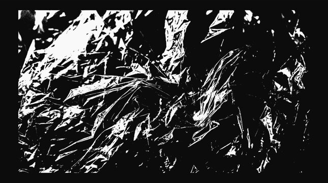 Abstract vector graphic illustration featuring sharp white crumpled plastic textures on a dark black background
