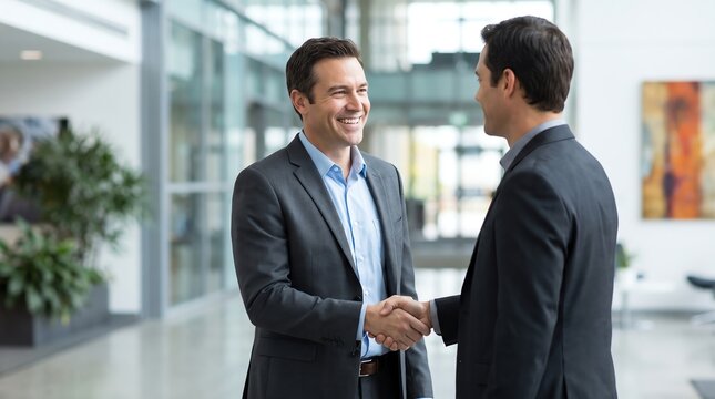 Two smiling professional businessmen shake hands, symbolizing successful partnership and agreement in a modern office environment