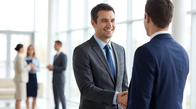Two smiling businessmen in formal attire shaking hands in a bright, modern office setting, signifying a successful business agreement, partnership, and collaborative professional relationship