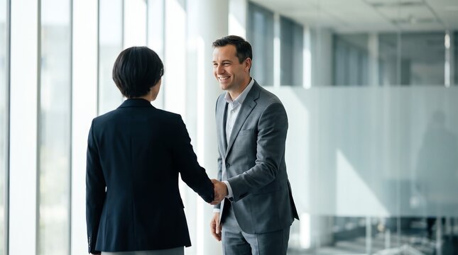 Professional business handshake between man and woman in a bright modern office setting during a successful meeting
