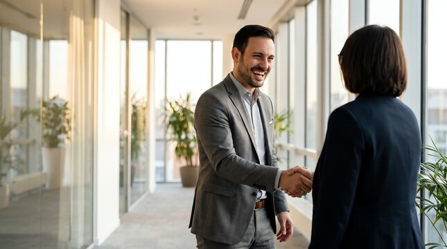 Professional Business Colleagues Shaking Hands During A Productive Office Meeting In A Modern Sunny Corporate Workspace Environment
