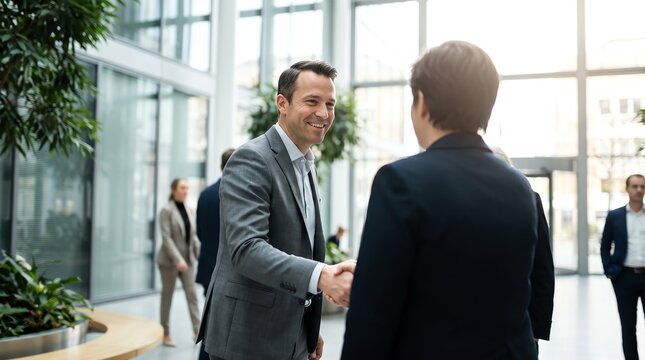 Professional Business Colleagues Shaking Hands During A Productive Meeting in a Modern Corporate Office Lobby Environment