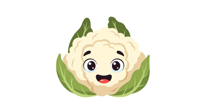 Cheerful vegetable character shaped like a cauliflower with large bright eyes and green leaves on white background.