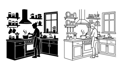 Fototapeta premium Kitchen Scene With Cooking Person Black And White Vector Illustration
