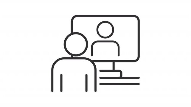 Animated online consultation line icon. E learning process animation. Student talking to teacher on video call. Outline element on white background. HD video with alpha channel