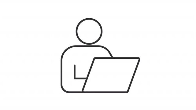 Animated remote worker line icon. E learning animation. Freelancer working on laptop. E business running via computer. Outline element on white background. HD video with alpha channel