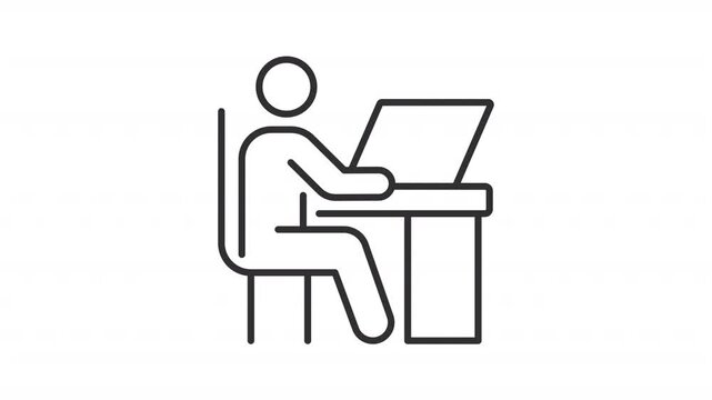 Animated office worker line icon. Corporate employee animation. Person working on laptop at desk. Workplace with computer. Outline element on white background. HD video with alpha channel