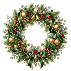 Obraz premium Luxury Christmas wreath made from realistic pine branches, eucalyptus, holly berries, ribbons, bells and golden ornaments, isolated on white background, Scandinavian festive illustration, 