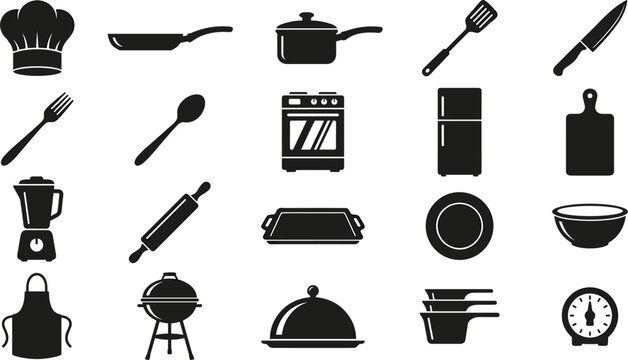 Kitchen utensils and cooking equipment vector silhouette icon set featuring chef hat pan pot spatula knife blender stove refrigerator apron grill and restaurant elements.