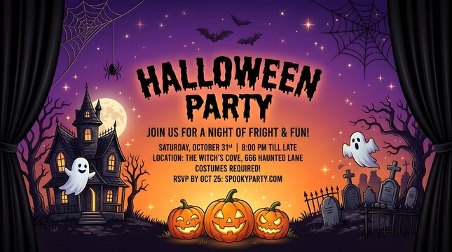 Spooky halloween party invitation with haunted house ghosts pumpkins costumes october 31st event