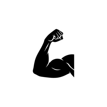 Muscular arm with flexed bicep and clenched fist, bold black silhouette vector, crisp white highlights on transparent background, symbolizing strength and determination concept