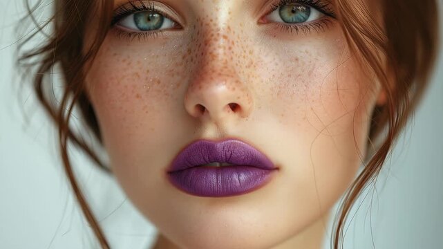 woman with purple lipstick on her lips