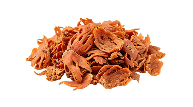 A small pile of dry brown mace spice flakes used for cooking and flavor in the kitchen isolated on transparent background