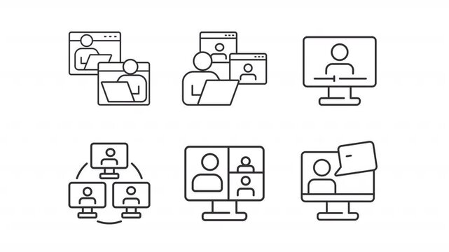 Animated online conference line icons. E learning network animation set. Innovative technology of education. Digital classroom. Outline elements on white background. HD video with alpha channel