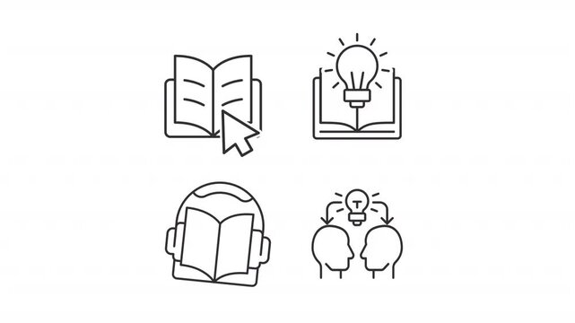Animated ebooks for learning line icons. Digital textbooks animation set. Online education sources for students. Knowledge sharing. Outline elements on white background. HD video with alpha channel