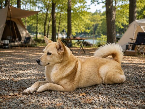 Cute Jindo Mix Dog Relaxing at a Forest Campsite
