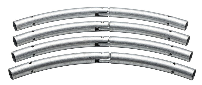 Curved steel pipes metal tubes with joint connectors on black backdrop. Galvanized iron poles for tent frame construction, scaffolding parts, and industrial hardware assembly. Top view, studio shot.