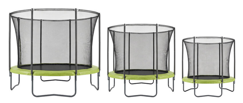 Round trampoline with safety net in three sizes isolated on black background for backyard fitness, recreation and outdoor fun, showing small medium and large product options for family exercise.
