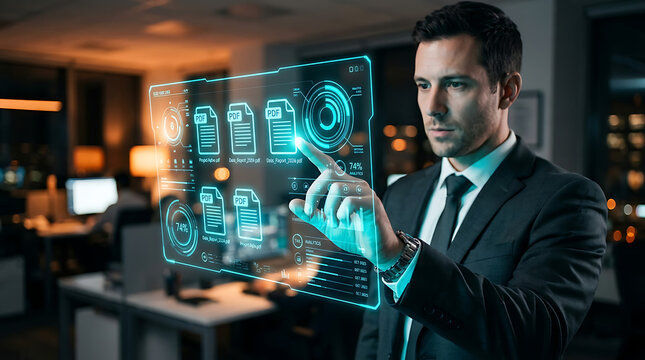 Man interacts with futuristic holographic interface displaying pdf documents.
