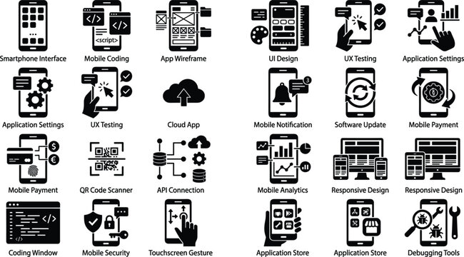 Mobile app development icon set vector illustration featuring smartphone user interface coding UI UX design analytics security debugging silhouette clip art