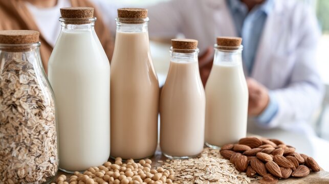 Collection of plant milk alternatives displayed with oats, soybeans and almonds. Healthy dairy-free beverages for vegan nutrition and lactose-free lifestyles