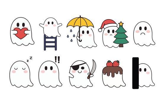 Cute cartoon ghost sticker collection, funny little ghosts with different emotions and holiday themes vector set.