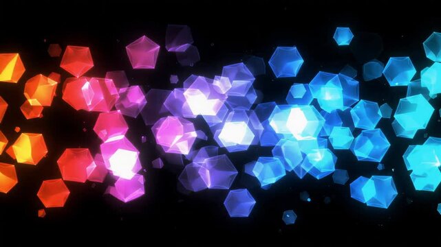 Glowing geometric polygons floating through dark space in this dynamic abstract motion video background animation clip