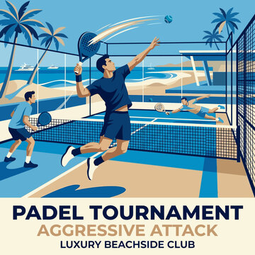 Athletic Padel Match On Luxury Beach Resort Court With Tropical Palm Trees