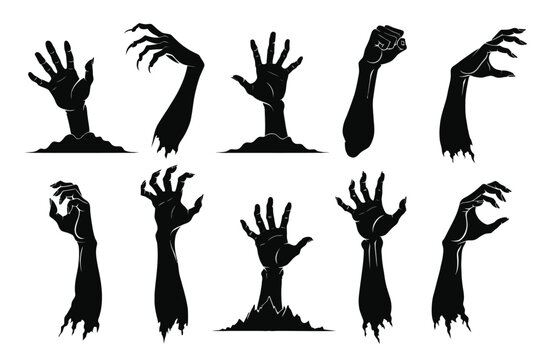 Zombie hands silhouette set, spooky monster and undead arms reaching out vector collection.