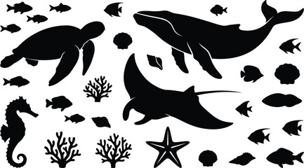 Sea life icon set vector illustration featuring whale turtle stingray seahorse starfish coral reef seashell underwater ocean animals silhouette clip art © Rakib