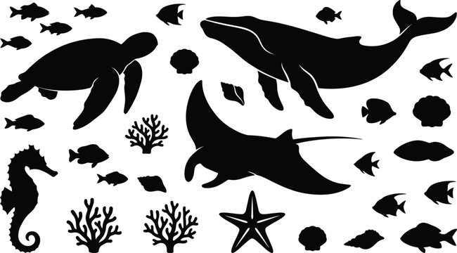 Sea life icon set vector illustration featuring whale turtle stingray seahorse starfish coral reef seashell underwater ocean animals silhouette clip art