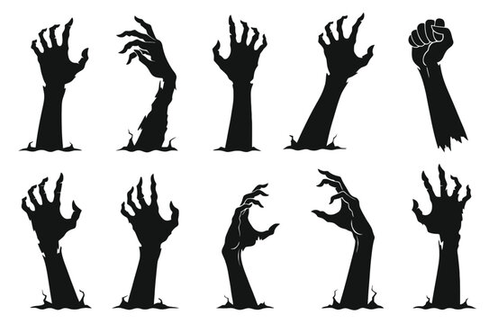 Zombie hands silhouette set, spooky monster and undead arms reaching out vector collection.