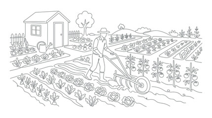 Obraz premium A farmer working in the garden with a hand plow.