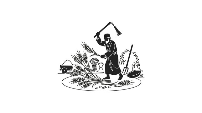 Black and white illustration of an ancient farmer threshing wheat with a flail.