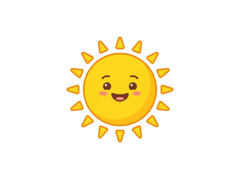 Bright yellow sun icon featuring a cheerful smiling face with rosy cheeks and sharp triangular rays designed in a cute flat vector style for summer themes shown on transparent background.