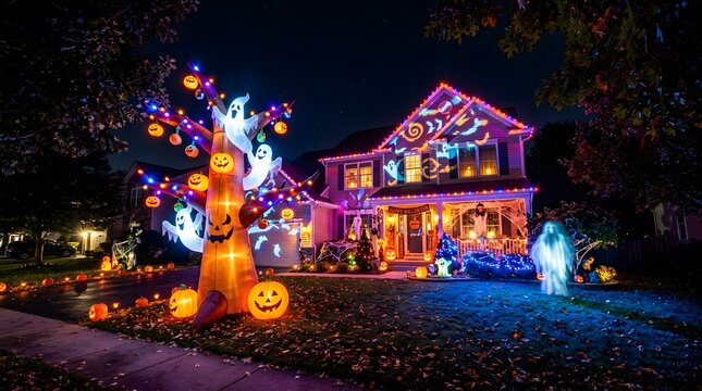 Spectacular halloween house decorations at night pumpkins ghosts and lights for festive outdoor halloween display