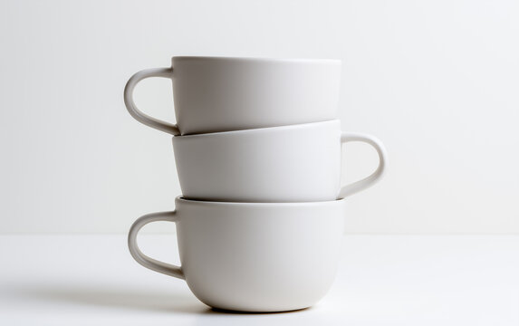 Three white porcelain coffee cups stacked on light surface, minimalist style, soft shadow, clean and modern kitchen decor