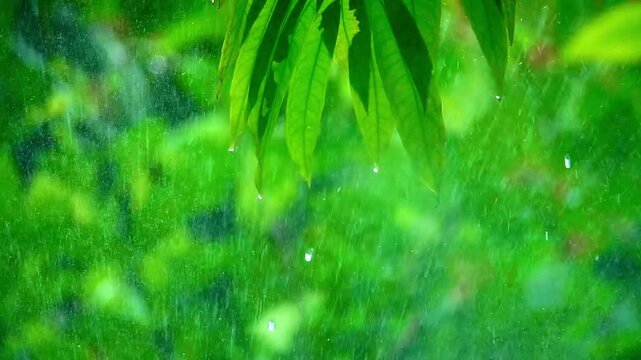 Close-up slow-motion video of water droplets colliding in mid-air and splashing as they fall from vibrant green leaves during a heavy tropical rainstorm in a lush natural garden background.