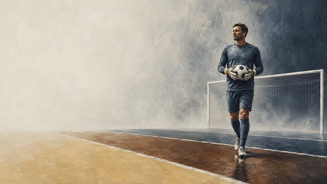 sports football goalkeeper advancing with ball toward progress

