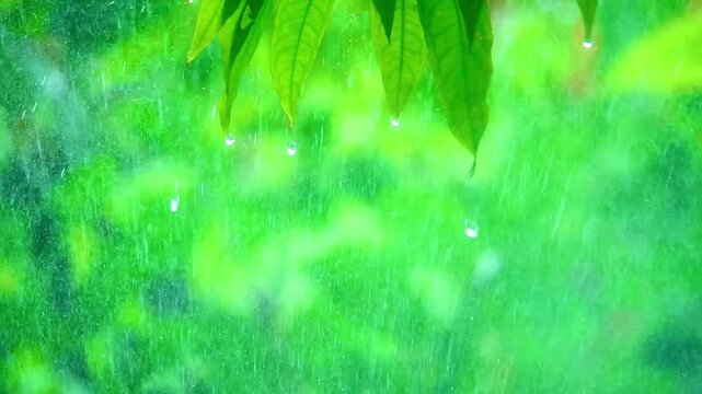 Close-up slow-motion video of water droplets colliding in mid-air and splashing as they fall from vibrant green leaves during a heavy tropical rainstorm in a lush natural garden background.