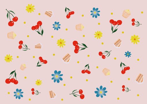 Abstract digital hand painting cherry, small cute items and random dots pattern on a pink  background