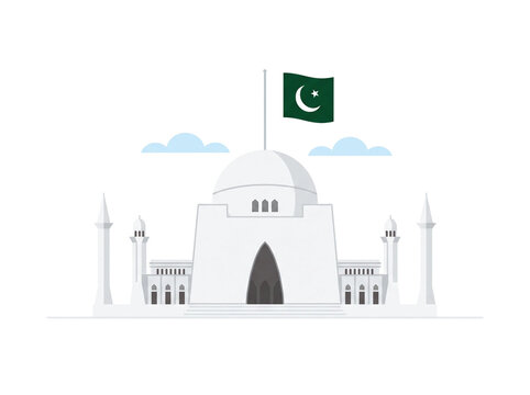 Minimalist flat vector illustration of the iconic white marble Mazar e Quaid mausoleum building featuring the green and white national flag of Pakistan waving proudly in the sky on transparent backgro
