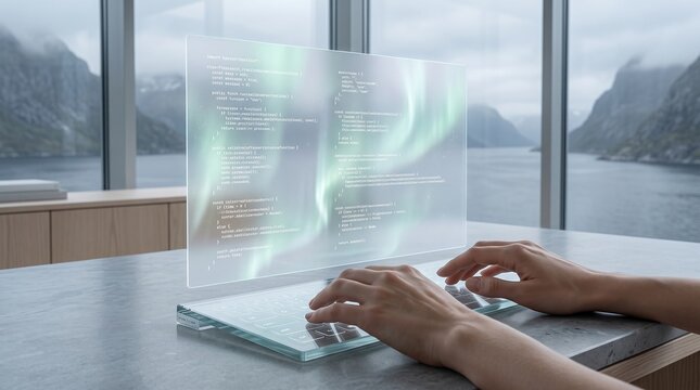 Developer Programming Code on Transparent Display with Mountain Lake View