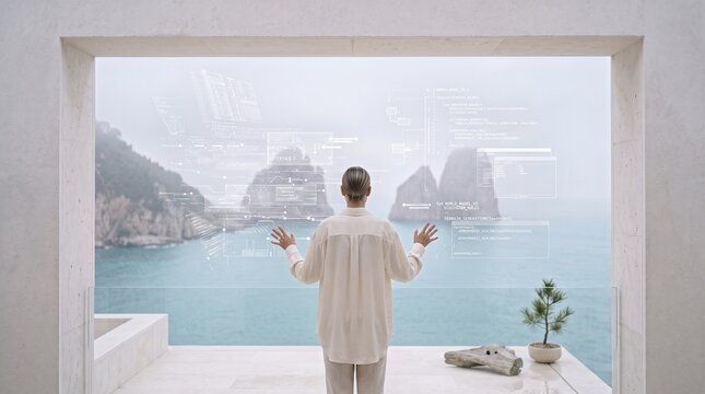Woman Interacting With Futuristic Digital Interface By Window