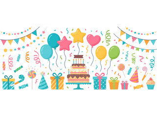 Festive birthday celebration elements including a layered cake colorful balloons gift boxes party hats streamers and decorative bunting flags depicted in a vibrant flat vector design style on transpar © Adeel