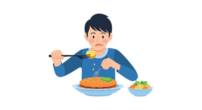 Young man looking unhappy while eating meal at table