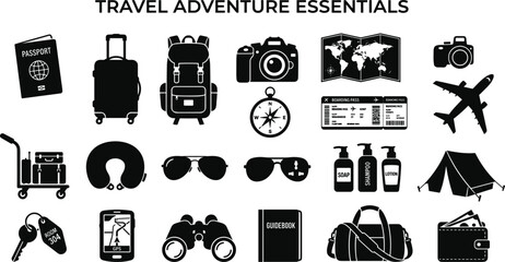 Travel adventure essentials vector silhouette icon set featuring luggage passport backpack camera compass map airplane ticket tent sunglasses and tourism gear. © Rakib