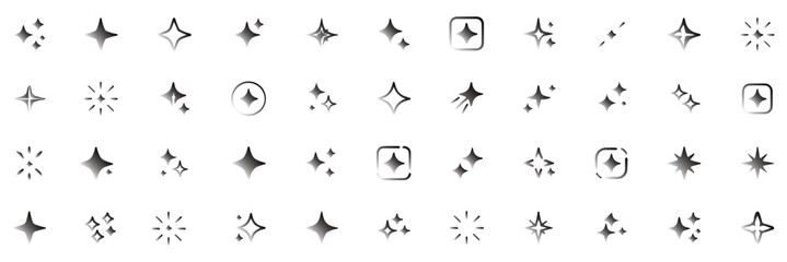 Generative ai sparkle icon set for adobe illustrator, vector collection of clean star symbols, shiny glitter effects in black and gradient for new magic features   © HIKE STUDIO 9