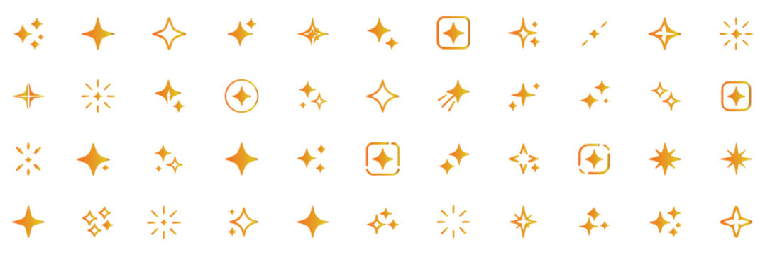 Generative ai sparkle icon set for adobe illustrator, vector collection of clean star symbols, shiny glitter effects in black and gradient for new magic features 
