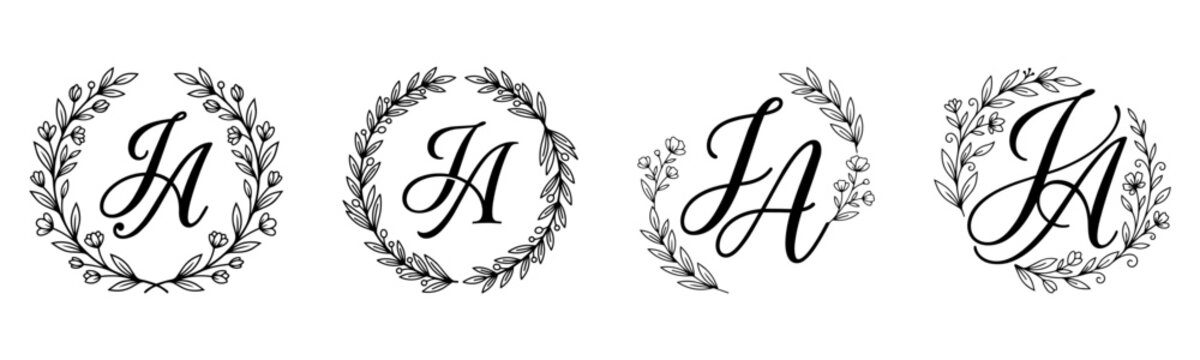 JA Monogram Set with Elegant Botanical Wreath and Floral Initial Letters Vector